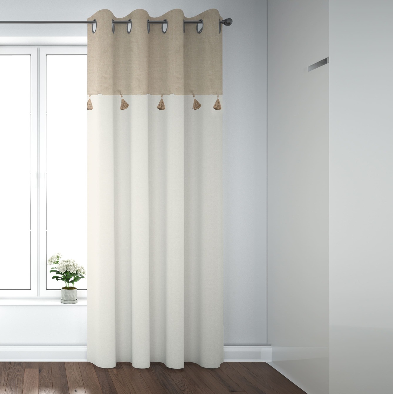 ΚΟΥΡΤΙΝΑ ΛΕΥΚΗ ΜΕ ΜΠΕΖ ΛΙΝΟ CHAMBRAY AND JUTE TASSELS 140X260  ΜΕ ΤΡΟΥΚΣ