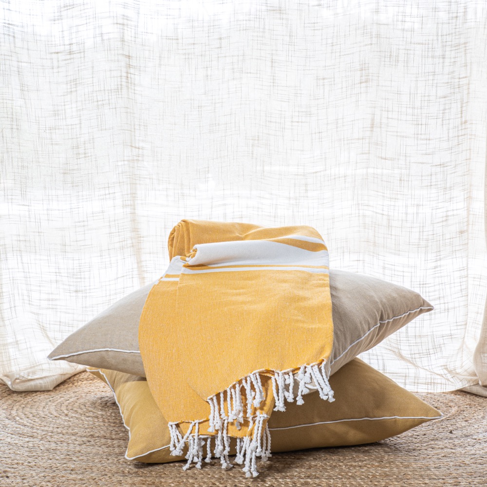 COTTON THROW MUSTARD WITH STRIPE