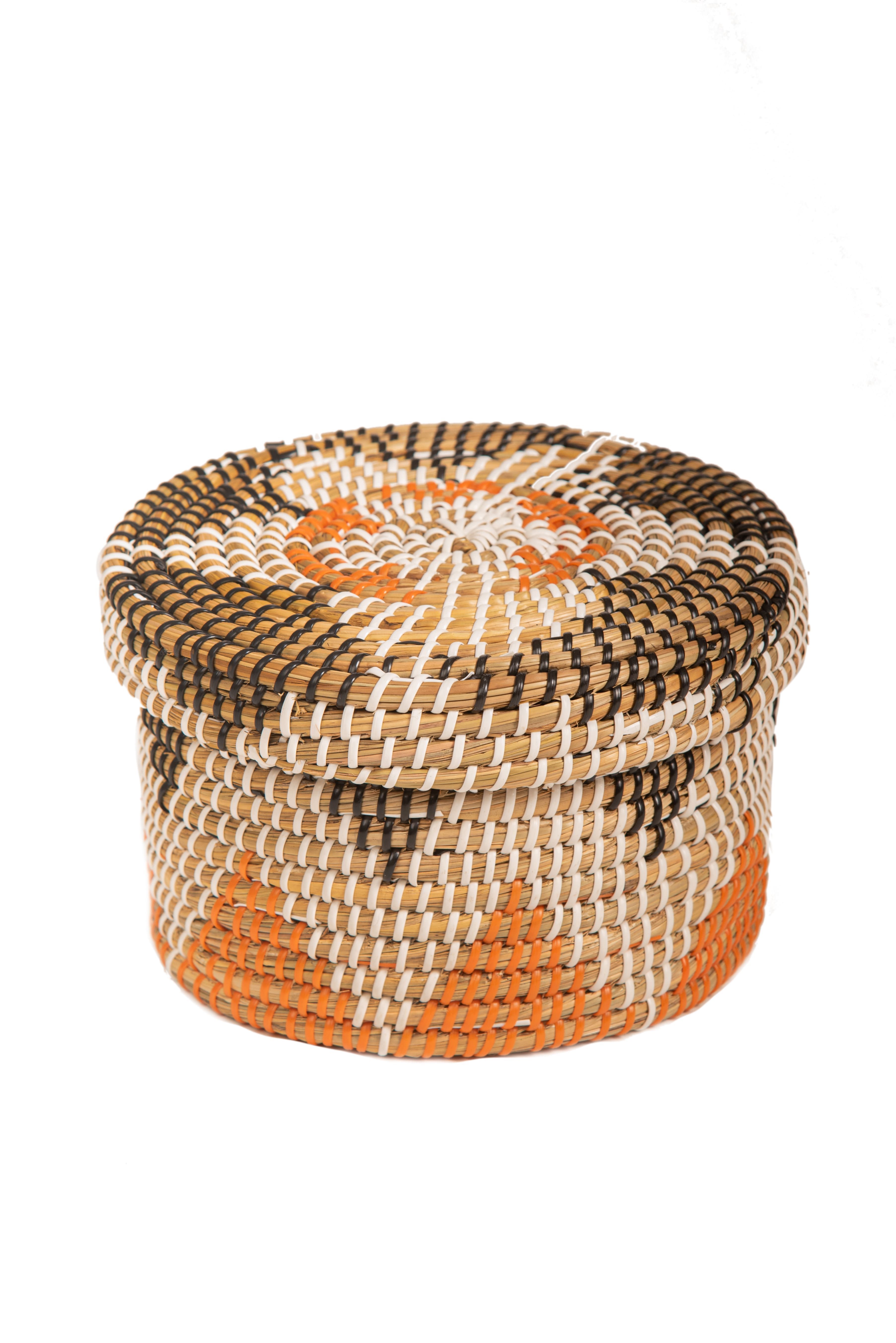 STRAW BASKET WITH LID BLACK-TERRACOTTA-WHITE D20X14