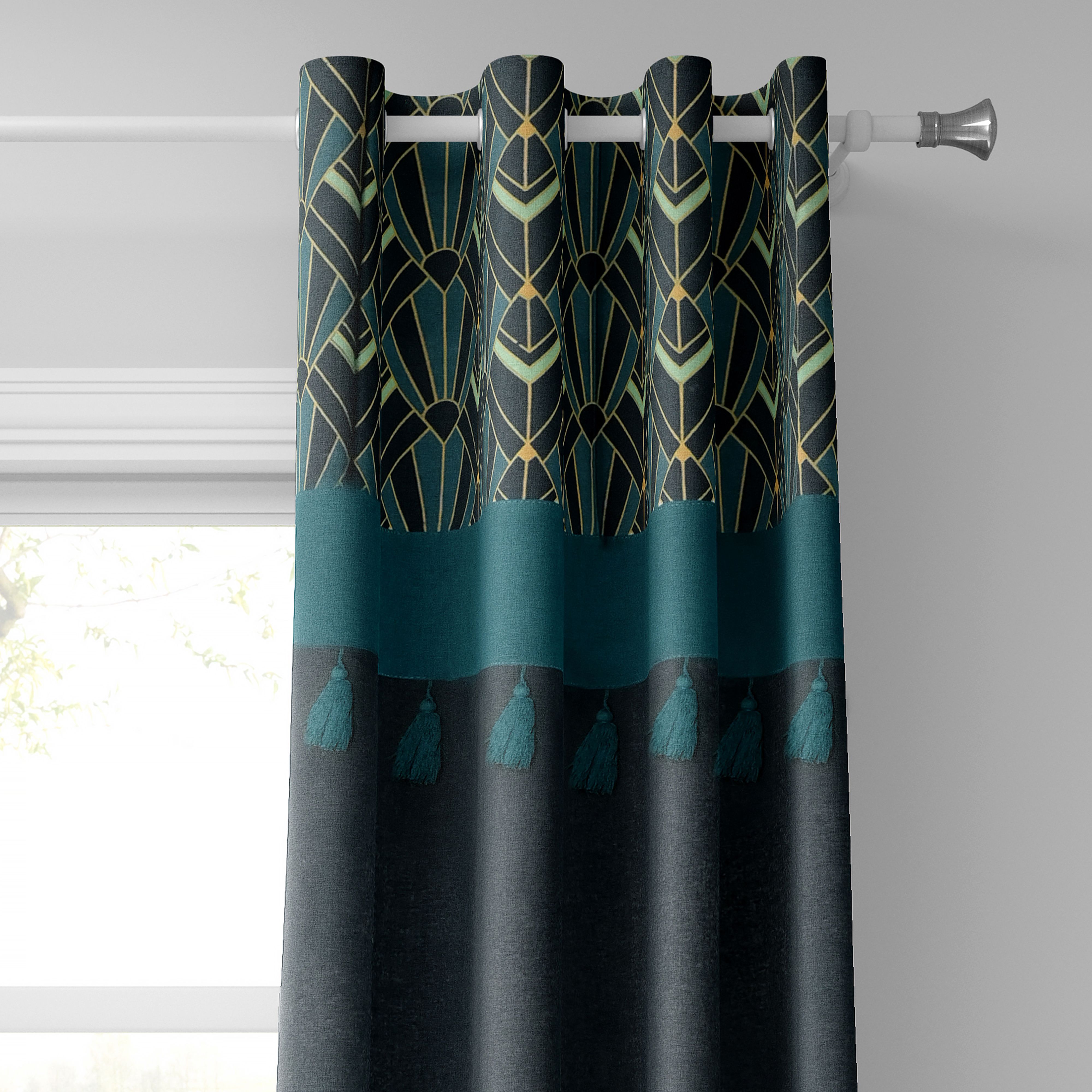 COTTON CURTAIN RHOMBUS PETROL 140X260 WITH EYELETS